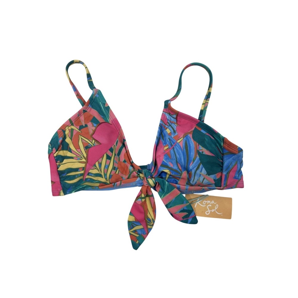 Kona Sol Women M 8-10 Blue Pink Floral Bikini Top Adj Straps Padded New Tags - Picture 1 of 5